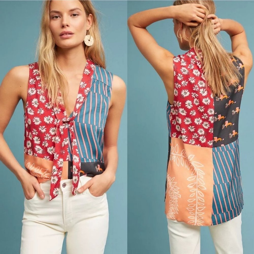 Anthropologie Venezia Patchwork Bohemian Tunic Top Size XS Tie Neck Mixed Media